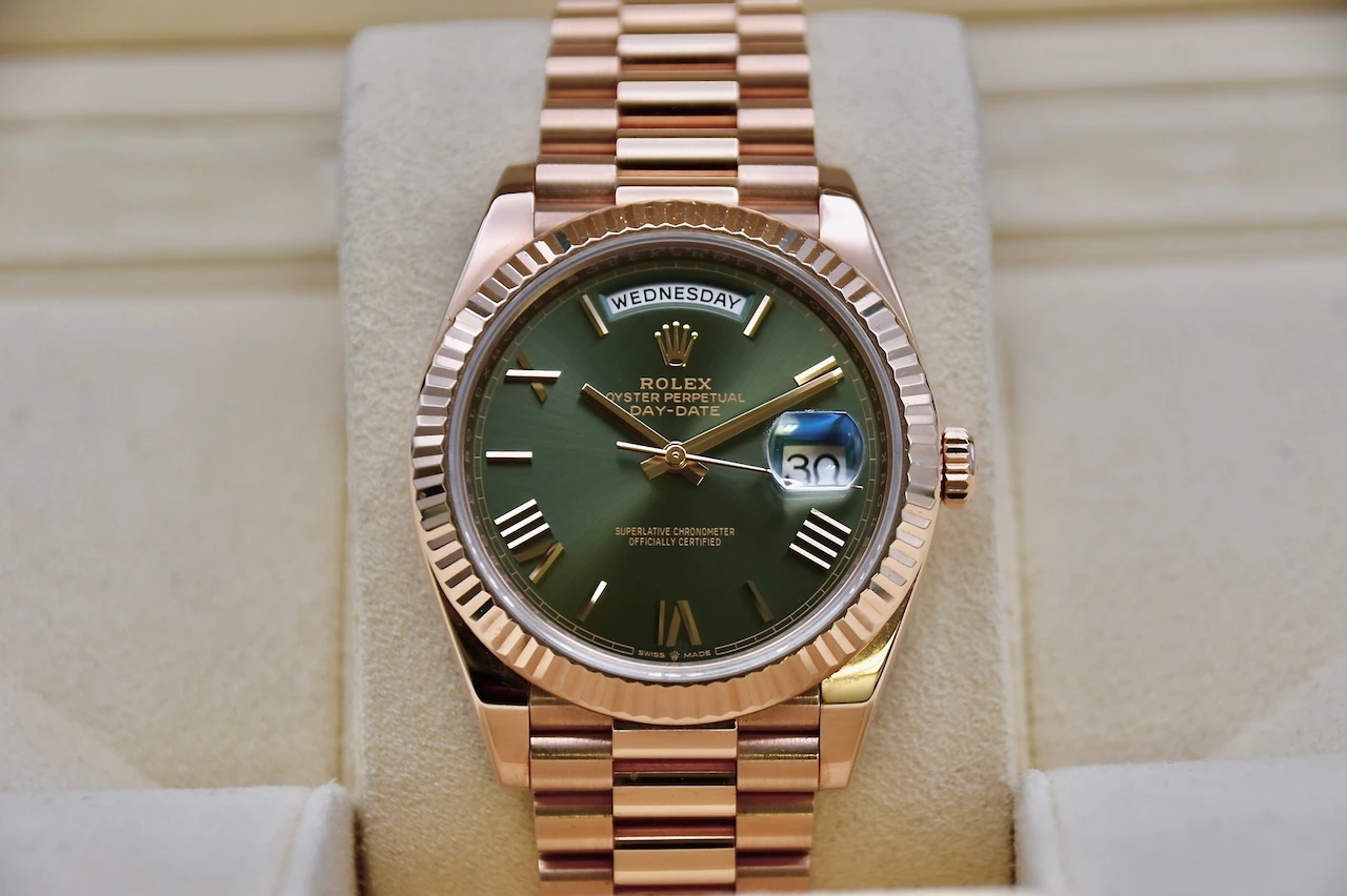 Rolex Day Date 40 18K Rose Gold Olive Dial Watch 228235 | 2022 Box & Papers