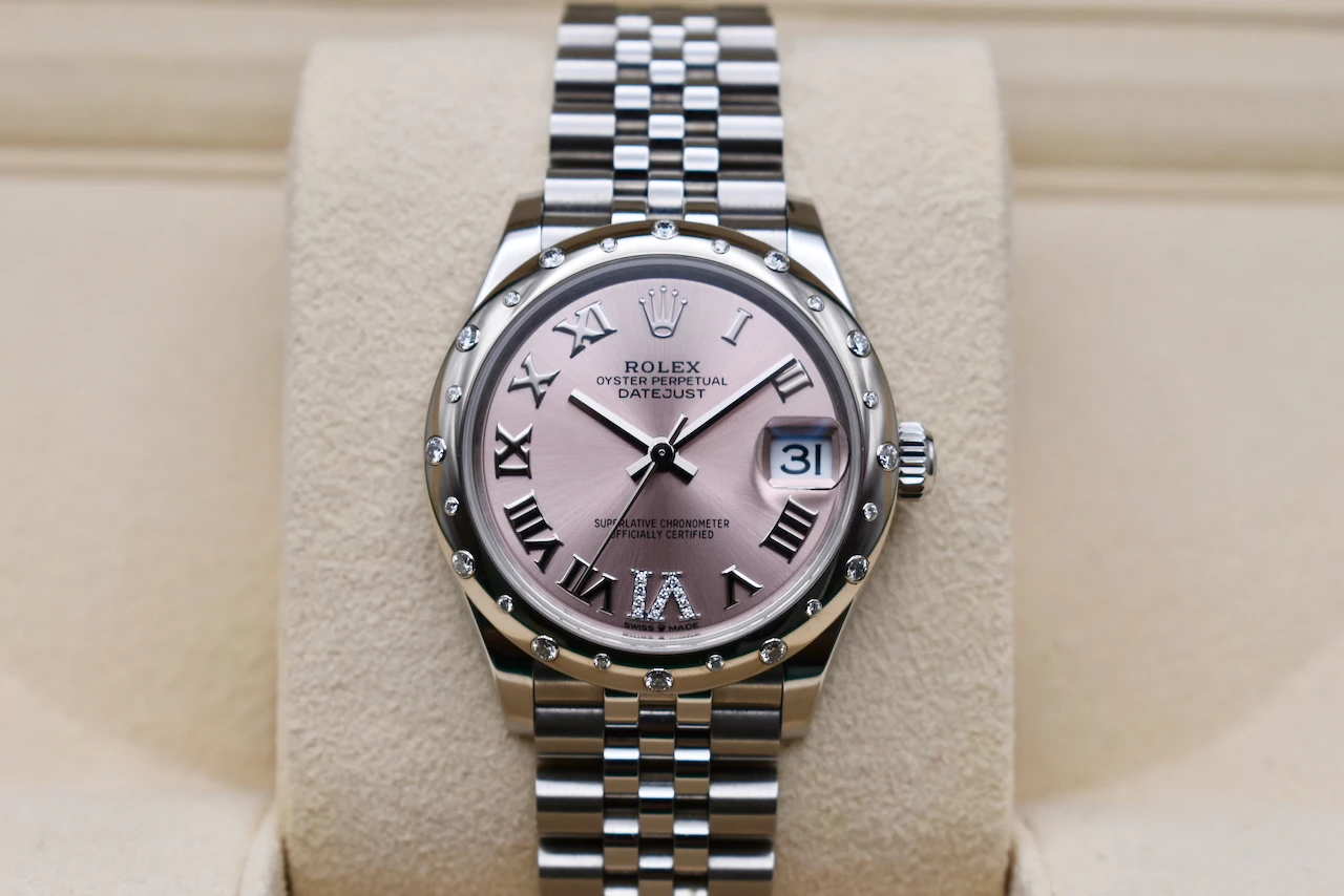 Rolex Datejust 31mm Scattered Diamond Bezel Pink Roman Watch 278344RBR | 2023