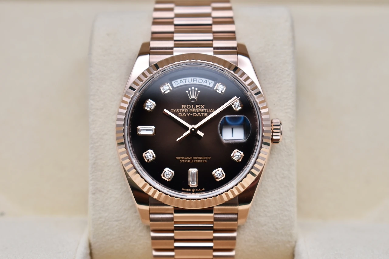 Rolex Day Date 36 Rose Gold Chocolate Ombre Baguette Dial Watch | 128235
