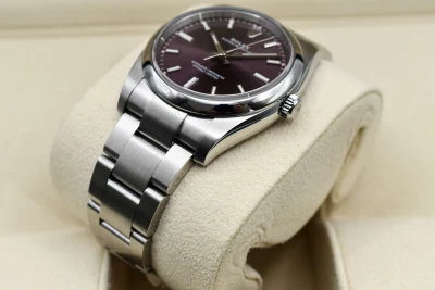 Rolex Oyster Perpetual 34mm Stainless Steel Red Grape Watch 114200 | B&P
