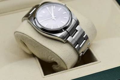 Rolex Oyster Perpetual 34mm Stainless Steel Red Grape Watch 114200 | B&P