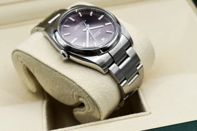 Rolex Oyster Perpetual 34mm Stainless Steel Red Grape Watch 114200 | B&P