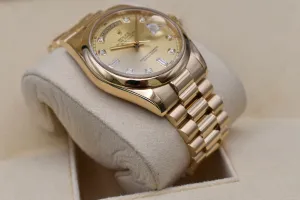 Rolex Day Date 36 18ct Yellow Gold Champagne Diamond Watch 118208 | Box & Papers