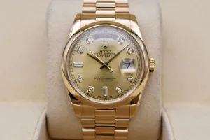 Rolex Day Date 36 18ct Yellow Gold Champagne Diamond Watch 118208 | Box & Papers