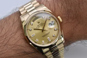 Rolex Day Date 36 18ct Yellow Gold Champagne Diamond Watch 118208 | Box & Papers