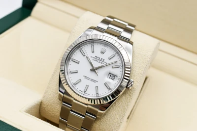 Rolex Datejust 41 Stainless Steel White Baton Dial Watch 126334 | 2019 B&P