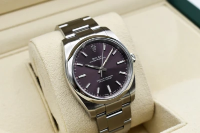 Rolex Oyster Perpetual 34mm Stainless Steel Red Grape Watch 114200 | B&P