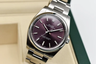 Rolex Oyster Perpetual 34mm Stainless Steel Red Grape Watch 114200 | B&P