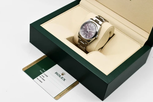 Rolex Oyster Perpetual 34mm Stainless Steel Red Grape Watch 114200 | B&P