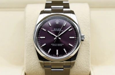 Rolex Oyster Perpetual 34mm Stainless Steel Red Grape Watch 114200 | B&P