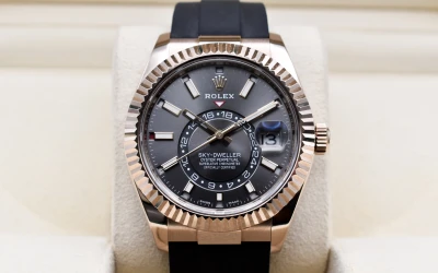 Rolex Sky-dweller 18ct Rose Gold Oysterflex Slate Grey Dial Watch 326235 | B & P
