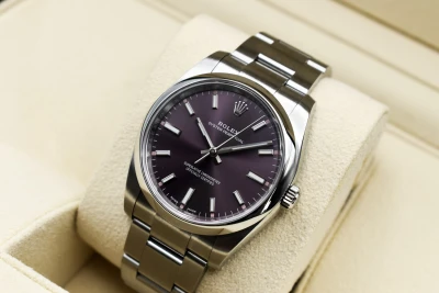 Rolex Oyster Perpetual 34mm Stainless Steel Red Grape Watch 114200 | B&P