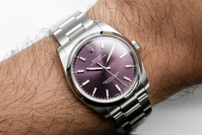 Rolex Oyster Perpetual 34mm Stainless Steel Red Grape Watch 114200 | B&P